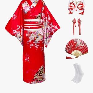 Red Floral Kimono Dress with Fan & Accessories